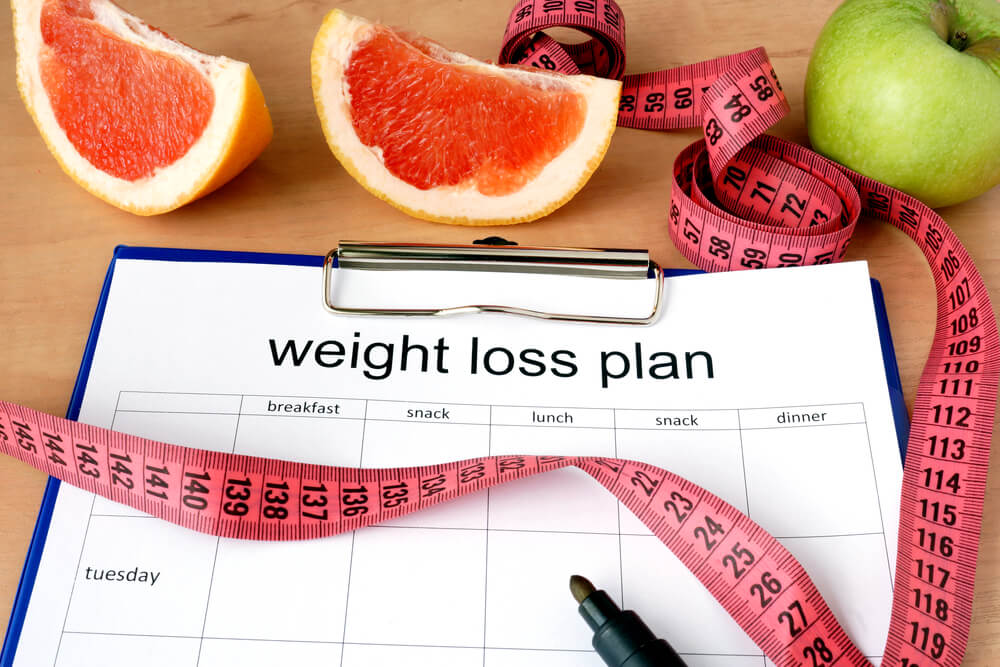 weight loss plan with raw fruit and measuring tape